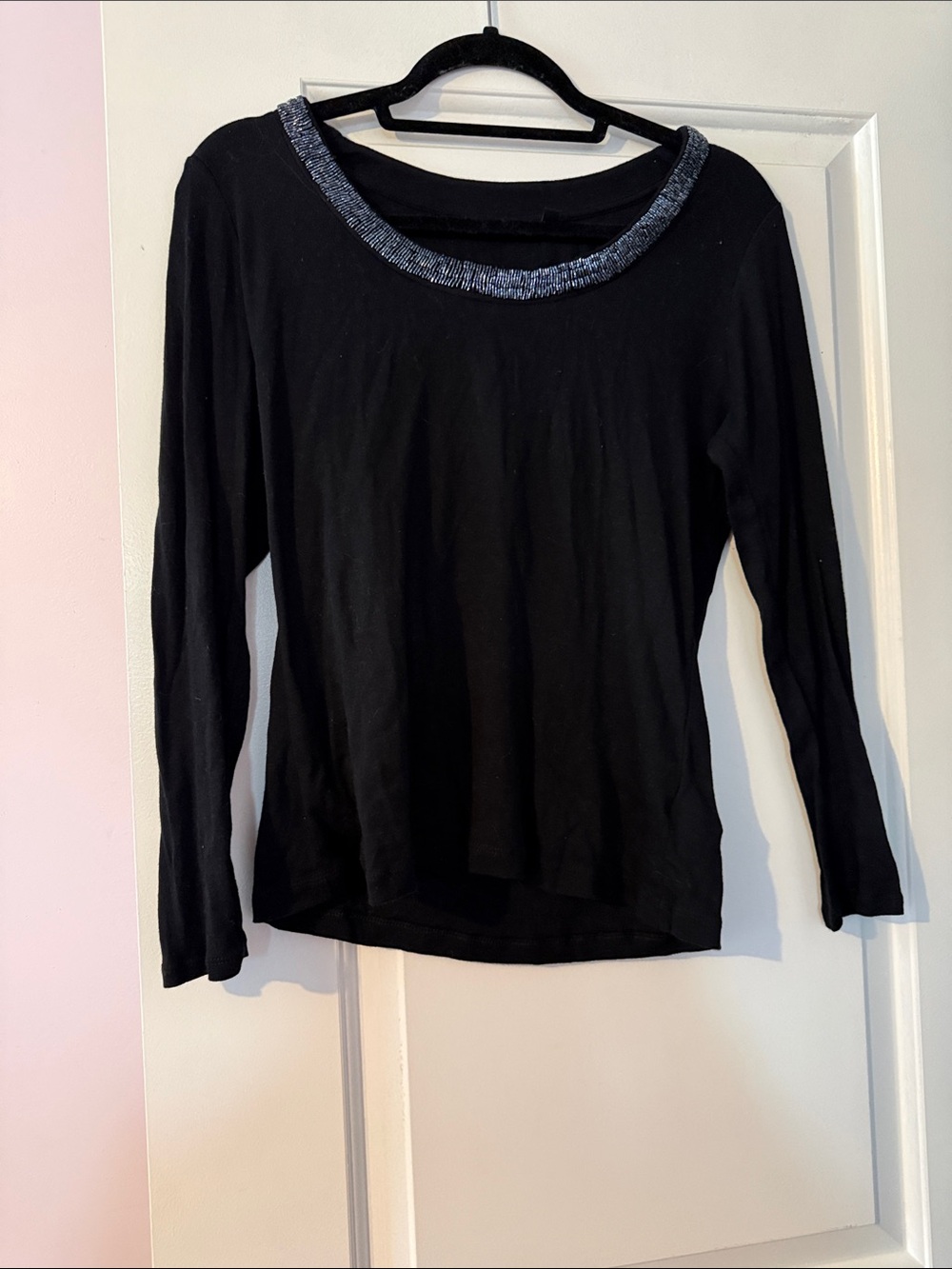 Apt. 9 Black Long-Sleeve Top with Silver-Trim beaded Neckline